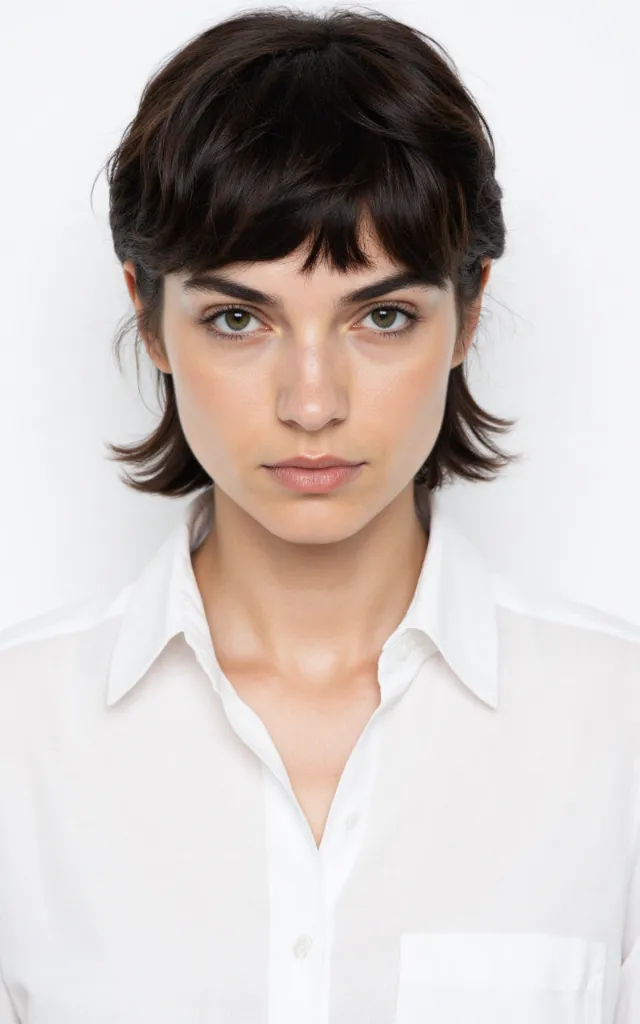 A French female model with a Permed shag, wearing a shirt, against a white background, in a front   facing bust portrait